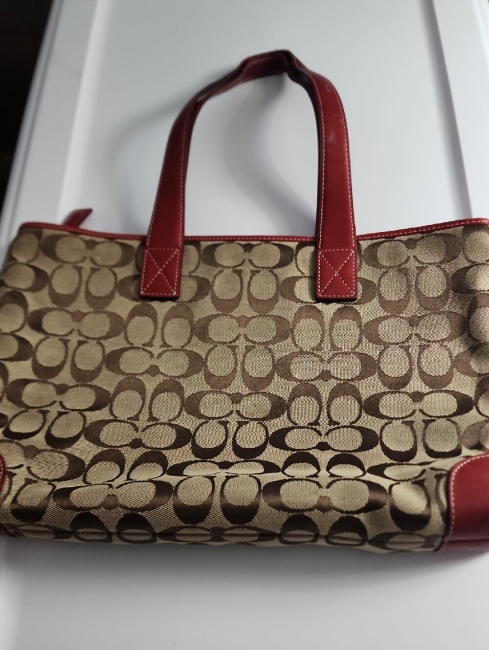 Coach Tan Signature Canvas Tote with Red Leather Trim - Picture 3 of 4